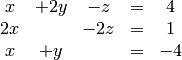 \begin{array}{ccccc}
 x & +2y & -z  & = & 4 \\
2x &  ~  & -2z & = & 1 \\
 x &  +y &  ~  & = & -4
\end{array}